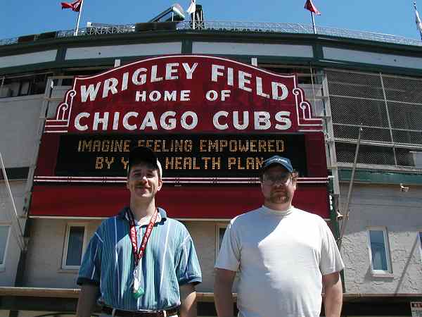 Photo of Trumpet Guy & Silent Bob in front of Wrigley Field